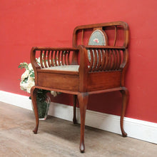 Load image into Gallery viewer, Antique Australian maple high-back Piano Stool music seat with tapestry upholstery. B12637