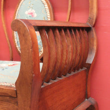 Load image into Gallery viewer, Antique Australian maple high-back Piano Stool music seat with tapestry upholstery. B12637
