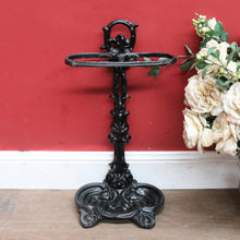 Load image into Gallery viewer, Antique French Cast Iron Umbrella Stand with Drip Tray and Decorative Black Enamel Finish. B12500