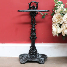 Load image into Gallery viewer, Antique French Cast Iron Umbrella Stand with Drip Tray and Decorative Black Enamel Finish. B12500