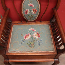 Load image into Gallery viewer, Antique Australian maple high-back Piano Stool music seat with tapestry upholstery. B12637