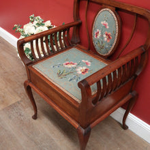 Load image into Gallery viewer, Antique Australian maple high-back Piano Stool music seat with tapestry upholstery. B12637