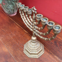 Load image into Gallery viewer, French Antique Brass Hanukkah Menorah with Octagonal Base and Star of David. B12788