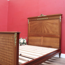 Load image into Gallery viewer, Antique French Walnut Double Bed with Gilt Bronze Mounts and Sunray Pattern. B12165