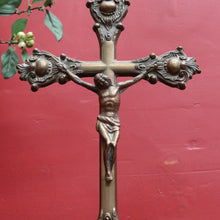 Load image into Gallery viewer, Antique French Solid Brass Standing Altar Crucifix with Decorative Flared Ends. B12787