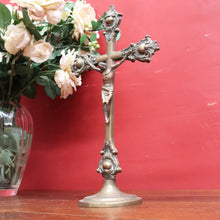 Load image into Gallery viewer, Antique French Solid Brass Standing Altar Crucifix with Decorative Flared Ends. B12787