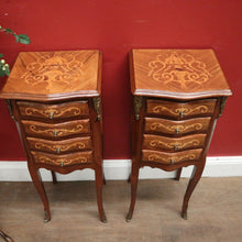 Load image into Gallery viewer, x SOLD A Pair of French Walnut and Marquetry Inlay 4 Drawer Bedside Cabinets or Lamp Tables. B12242