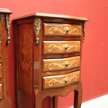 Load image into Gallery viewer, x SOLD A Pair of French Walnut and Marquetry Inlay 4 Drawer Bedside Cabinets or Lamp Tables. B12242