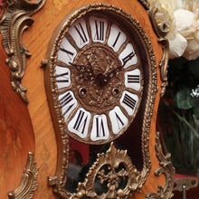 Load image into Gallery viewer, x SOLD French Boulle Clock, with Gilt Brass Detail, Walnut Case with Floral Marquetry, Glass Door. B12102