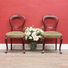 Load image into Gallery viewer, Pair of Australian Cedar Hall Chairs with Carved Floral Detail and Green Seats. B12649