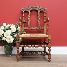 Load image into Gallery viewer, Antique French Oak and Rush Seat Hall Chair Armchair, Fleur de Lis Desk Chair B10665