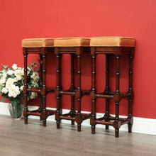Load image into Gallery viewer, x SOLD Set of 3 Vintage Bar Stool, Walnut and Tan Leather Breakfast Bar Stools Chairs. B9958