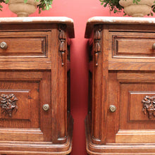 Load image into Gallery viewer, x SOLD Pair of Antique French Bedside Tables, Oak and Marble Top Lamp or Side Tables B11139