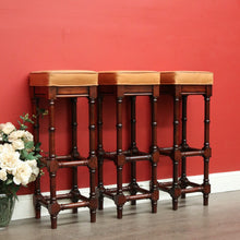 Load image into Gallery viewer, x SOLD Set of 3 Vintage Bar Stool, Walnut and Tan Leather Breakfast Bar Stools Chairs. B9958