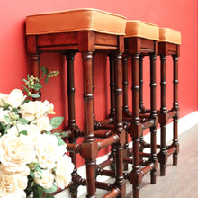 Load image into Gallery viewer, x SOLD Set of 3 Vintage Bar Stool, Walnut and Tan Leather Breakfast Bar Stools Chairs. B9958