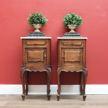 Load image into Gallery viewer, Antique French Oak Bedside Cabinets, 2 French Oak and Marble Lamp Tables B10564