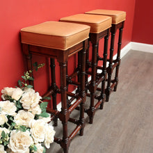 Load image into Gallery viewer, x SOLD Set of 3 Vintage Bar Stool, Walnut and Tan Leather Breakfast Bar Stools Chairs. B9958