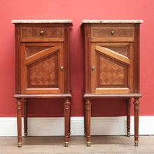Load image into Gallery viewer, x SOLD Antique French Bedside Tables, Mahogany and Marble Lamp or Side Tables True Pair B11137