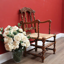 Load image into Gallery viewer, x SOLD Antique French Oak and Rush Seat Hall Chair Armchair, Fleur de Lis Desk Chair B10665
