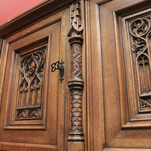 Load image into Gallery viewer, x SOLD Antique Belgium Gothic Sideboard, Sacrament Cabinet, 3 Door Drawer Church Chest B10862