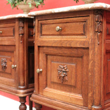 Load image into Gallery viewer, x SOLD Pair of Antique French Bedside Tables, Oak and Marble Top Lamp or Side Tables B11139