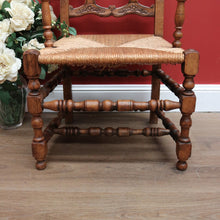 Load image into Gallery viewer, x SOLD Antique French Oak and Rush Seat Hall Chair Armchair, Fleur de Lis Desk Chair B10665