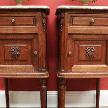 Load image into Gallery viewer, x SOLD Pair of Antique French Bedside Tables, Oak and Marble Top Lamp or Side Tables B11139