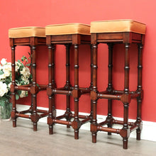 Load image into Gallery viewer, x SOLD Set of 3 Vintage Bar Stool, Walnut and Tan Leather Breakfast Bar Stools Chairs. B9958