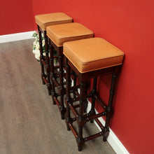 Load image into Gallery viewer, x SOLD Set of 3 Vintage Bar Stool, Walnut and Tan Leather Breakfast Bar Stools Chairs. B9958