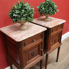 Load image into Gallery viewer, x SOLD Pair of Antique French Bedside Tables, Oak and Marble Top Lamp or Side Tables B11139