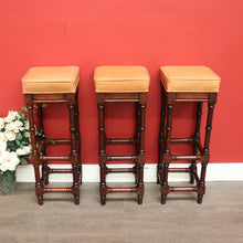 Load image into Gallery viewer, x SOLD Set of 3 Vintage Bar Stool, Walnut and Tan Leather Breakfast Bar Stools Chairs. B9958