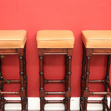 Load image into Gallery viewer, x SOLD Set of 3 Vintage Bar Stool, Walnut and Tan Leather Breakfast Bar Stools Chairs. B9958