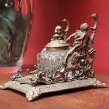 Load image into Gallery viewer, x SOLD Antique French Inkwell, Antique Brass and Glass Office Desk Ink Well, Cupids B10745