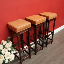 Load image into Gallery viewer, x SOLD Set of 3 Vintage Bar Stool, Walnut and Tan Leather Breakfast Bar Stools Chairs. B9958