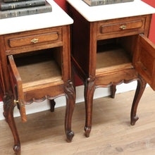 Load image into Gallery viewer, x SOLD Antique French Oak Bedside Cabinets, 2 French Oak and Marble Lamp Tables B10564