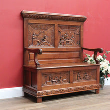 Load image into Gallery viewer, x SOLD Antique Hall Settle, Bench Set Hall Chair, French Tavern Scene Hall Seat B10858