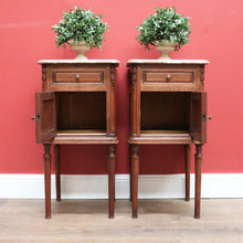 Load image into Gallery viewer, x SOLD Pair of Antique French Bedside Tables, Oak and Marble Top Lamp or Side Tables B11139