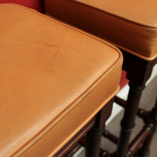 Load image into Gallery viewer, x SOLD Set of 3 Vintage Bar Stool, Walnut and Tan Leather Breakfast Bar Stools Chairs. B9958