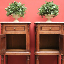 Load image into Gallery viewer, x SOLD Pair of Antique French Bedside Tables, Oak and Marble Top Lamp or Side Tables B11139