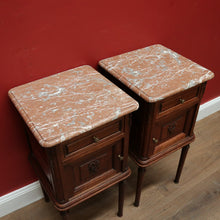 Load image into Gallery viewer, x SOLD Pair of Antique French Bedside Tables, Oak and Marble Top Lamp or Side Tables B11139