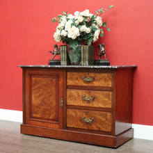 Load image into Gallery viewer, x SOLD Antique English Burr Walnut and Marble Top 3 Hall Cabinet Sideboard Vanity. B10444