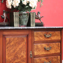 Load image into Gallery viewer, x SOLD Antique English Burr Walnut and Marble Top 3 Hall Cabinet Sideboard Vanity. B10444