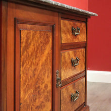 Load image into Gallery viewer, x SOLD Antique English Burr Walnut and Marble Top 3 Hall Cabinet Sideboard Vanity. B10444