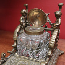 Load image into Gallery viewer, x SOLD Antique French Inkwell, Antique Brass and Glass Office Desk Ink Well, Cupids B10745