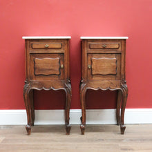 Load image into Gallery viewer, x SOLD Antique French Oak Bedside Cabinets, 2 French Oak and Marble Lamp Tables B10564