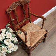 Load image into Gallery viewer, x SOLD Antique French Oak and Rush Seat Hall Chair Armchair, Fleur de Lis Desk Chair B10665