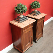 Load image into Gallery viewer, x SOLD Antique French Oak Bedside Cabinet, Lamp Cupboards, Side Tables Marble Tops. B10327