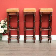 Load image into Gallery viewer, x SOLD Set of 3 Vintage Bar Stool, Walnut and Tan Leather Breakfast Bar Stools Chairs. B9958