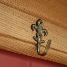 Load image into Gallery viewer, x SOLD French Oak Coat Rack Brass Fleur de Lis Hooks and Hat Display Shelf, Pot Holder B10628