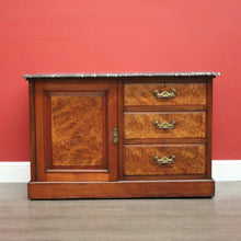 Load image into Gallery viewer, x SOLD Antique English Burr Walnut and Marble Top 3 Hall Cabinet Sideboard Vanity. B10444